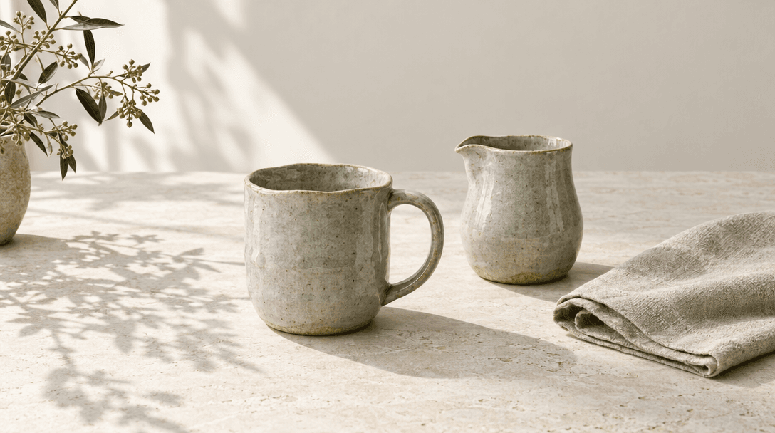 Celadon stoneware mug and pouring jug on a limestone surface